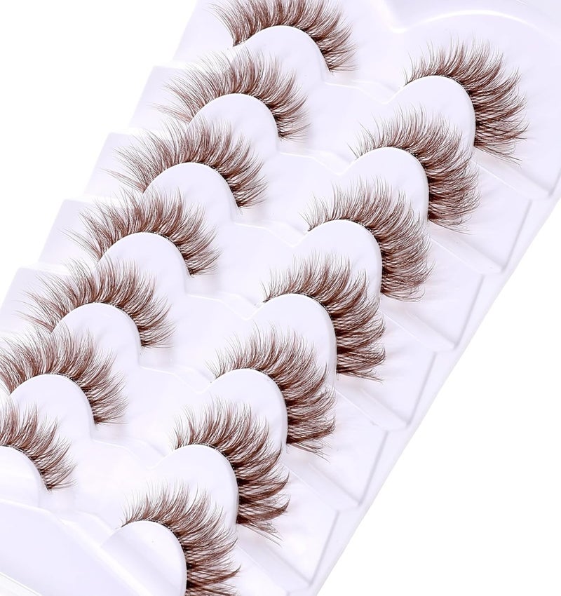 Brown Eyelashes 7 Pairs Dark Brown Lash Strips Natural Look D Curl Lightweight Cat Eye Wispy False Eyelashes with Clear Band for Daily Wear Women Makeup Beginners