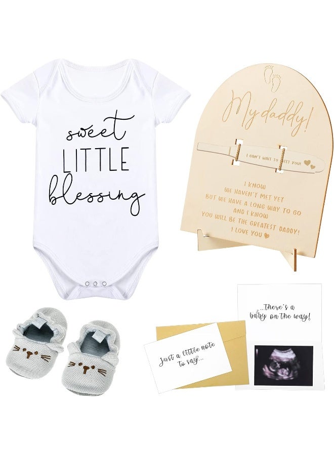 Berlune 6 Pcs Pregnancy Announcements for Dad Baby Bodysuit Infant Shoes Pregnancy Wooden Sign Reveal Card Envelope Surprise Baby Announcement Gifts Set for Husband Partner - Image 1