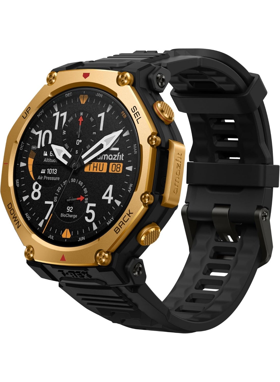 800 mAh Amazfit T-Rex 3 Pro Outdoor Smart Watch 48mm Sapphire AMOLED Display with Flashlight, Ti Bezel, Dual Band GPS, Offline Maps, 25 Days Battery, 10 ATM, 180+ Sports Mode for Android & iPhone, Black Gold Black Gold