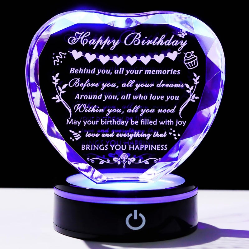 YWHL Happy Birthday Gifts for Women Men with Colorful Light Base Laser Crystal Heart Birthday Gifts for Her Him Happy Birthday Decorations Unique Gift for Mom Dad Grandma Wife Friends - Image 1