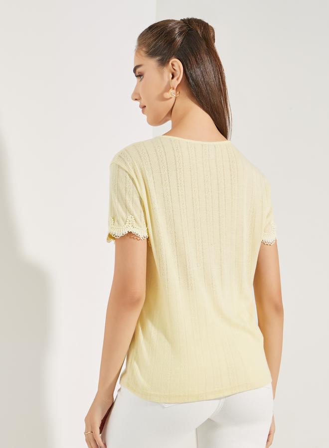 Styli Pointelle Knit Top with Lace Detail  - Image 5