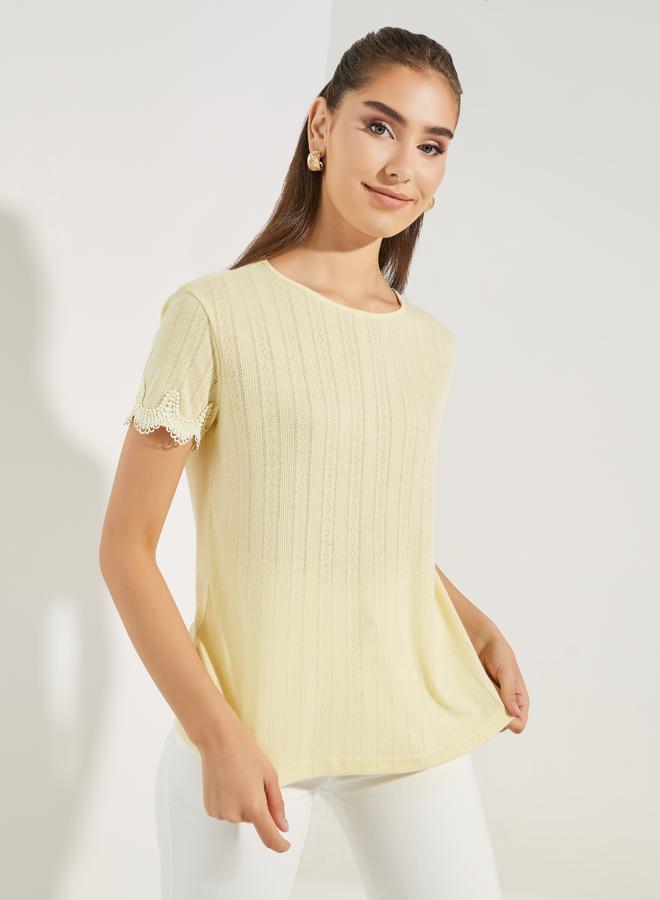 Styli Pointelle Knit Top with Lace Detail  - Image 3