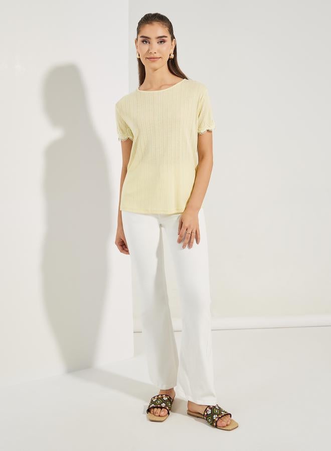 Styli Pointelle Knit Top with Lace Detail  - Image 2