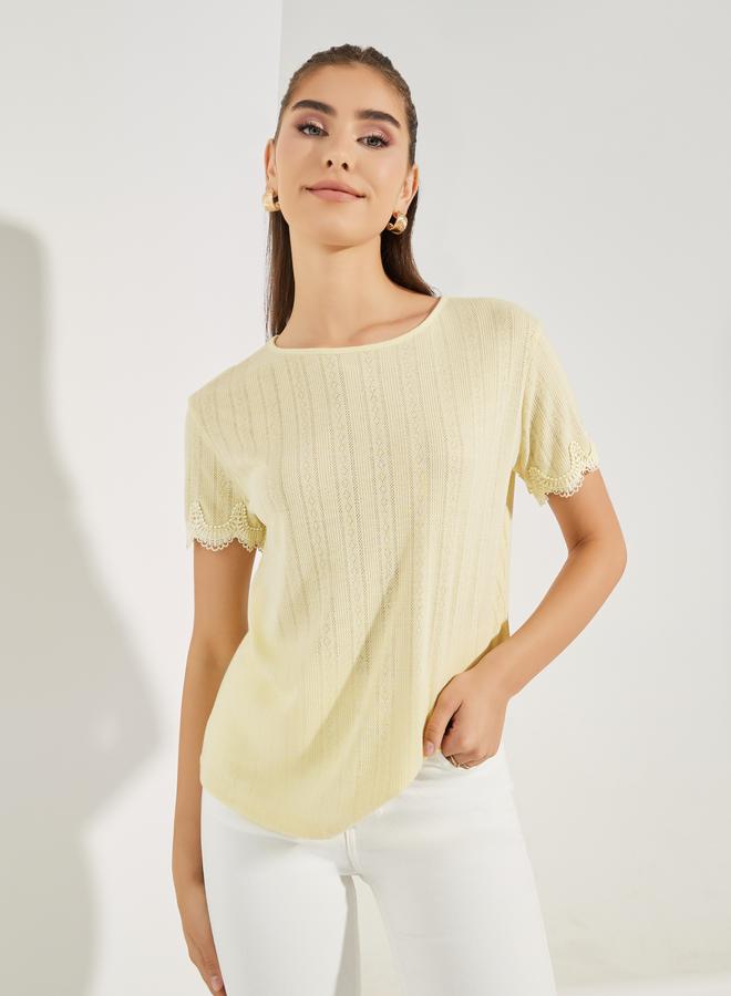 Styli Pointelle Knit Top with Lace Detail  - Image 1