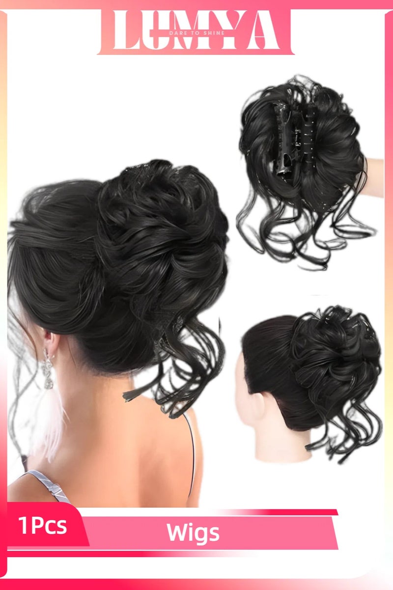 LUMYA Messy Bun Hair Piece Claw Clip, Curly Tousled Updo Hair Bun Extension, Wavy Synthetic Chignon Hairpieces for Women, Wedding Party Daily Use (Black) - Image 1