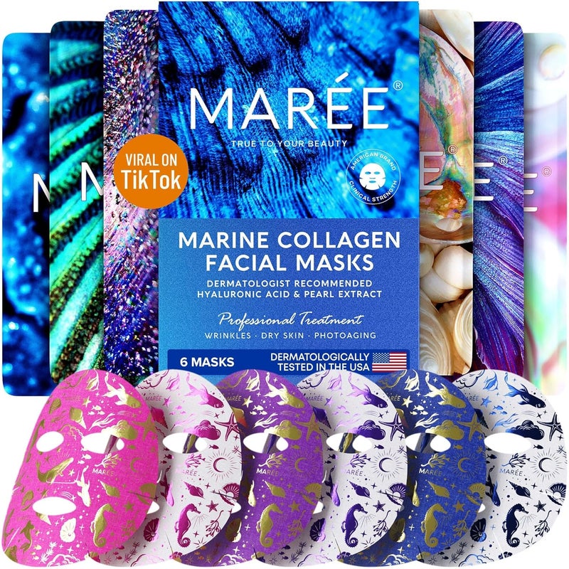 MAREE Collagen Facial Mask with Hyaluronic Acid  Sheet Face Masks Skincare with Green  Red Algae Extract  Hydrating Mascarillas Faciales For Women Skin Care  6 Pack