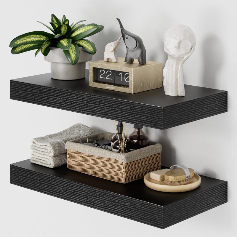 Heimlove 12" Deep Black Floating Shelves for Wall, 24 Inch Shelf Bathroom Shelves Set of 2, Mounted Shelves for Books Living Room Laundry Room Bedroom Kitchen Home Office - Image 1