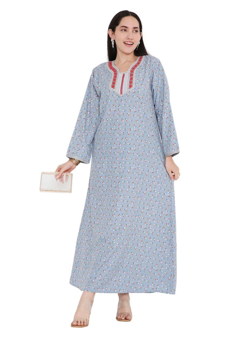 CASUAL ARABIC FARASHA KAFTAN JALABIYA DRESS WITH A TINY FLOWER PRINT AND A UNIQUE THREAD EMBROIDERY ON THE NECK - pzsku/Z7140865DB949041A1DFBZ/45/_/1739967742/3e01005b-a4a8-495d-a129-55a854482cf8