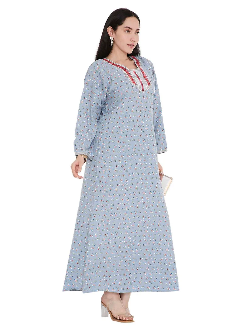 HANA & SARA CASUAL ARABIC FARASHA KAFTAN JALABIYA DRESS WITH A TINY FLOWER PRINT AND A UNIQUE THREAD EMBROIDERY ON THE NECK