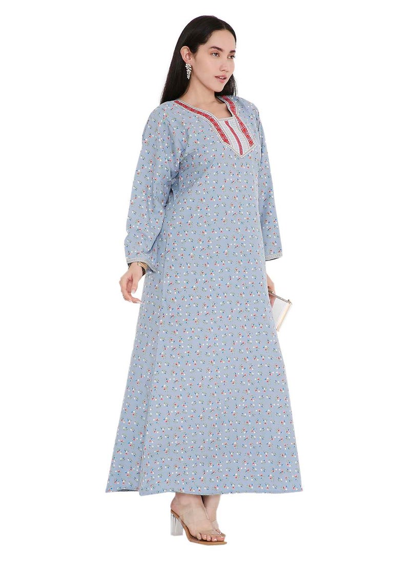 HANA & SARA - CASUAL ARABIC FARASHA KAFTAN JALABIYA DRESS WITH A TINY FLOWER PRINT AND A UNIQUE THREAD EMBROIDERY ON THE NECK - Image 1