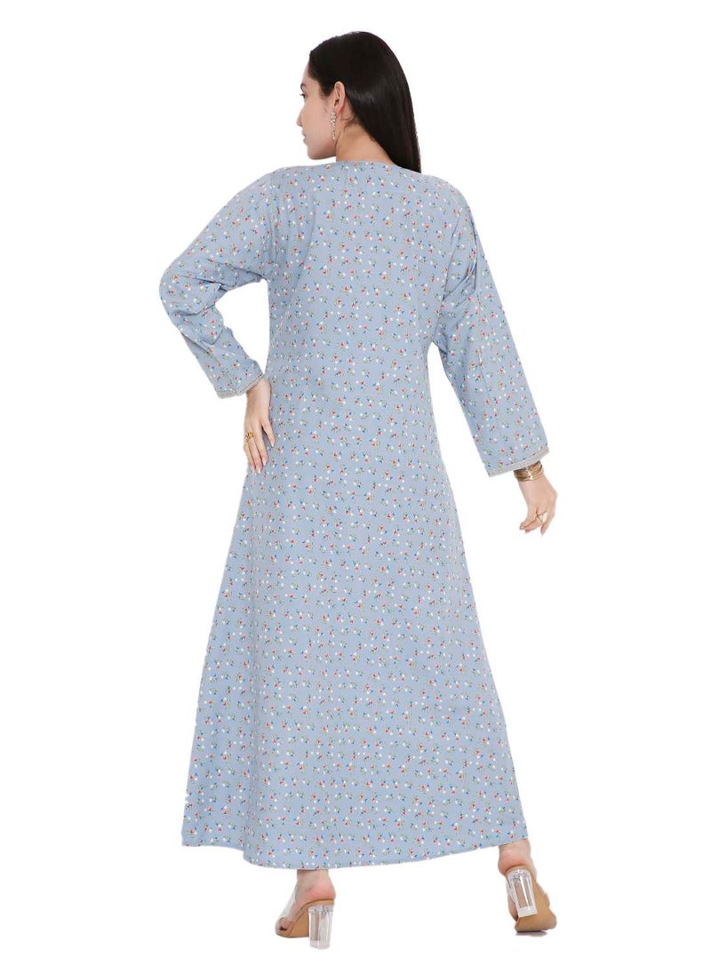 HANA & SARA - CASUAL ARABIC FARASHA KAFTAN JALABIYA DRESS WITH A TINY FLOWER PRINT AND A UNIQUE THREAD EMBROIDERY ON THE NECK - Image 1