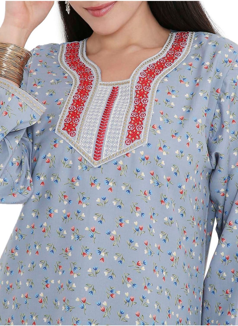 HANA & SARA - CASUAL ARABIC FARASHA KAFTAN JALABIYA DRESS WITH A TINY FLOWER PRINT AND A UNIQUE THREAD EMBROIDERY ON THE NECK - Image 1