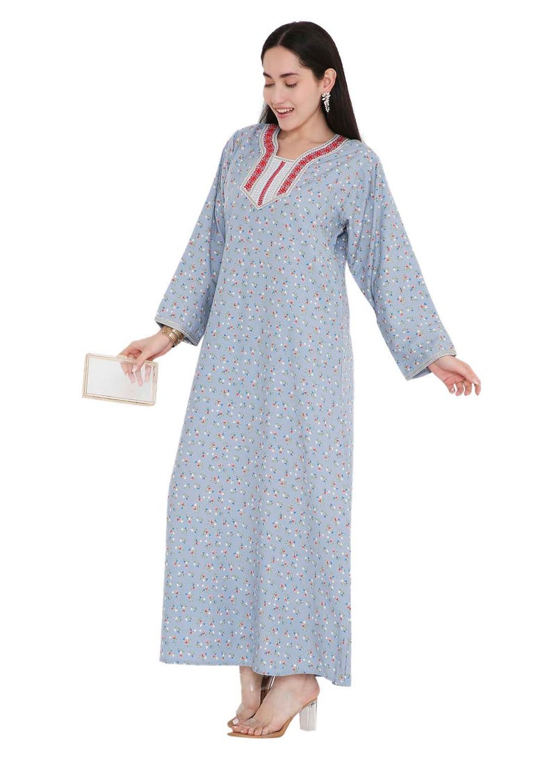HANA & SARA - CASUAL ARABIC FARASHA KAFTAN JALABIYA DRESS WITH A TINY FLOWER PRINT AND A UNIQUE THREAD EMBROIDERY ON THE NECK - Image 1