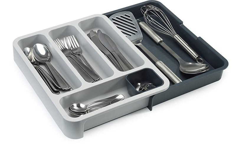 VOXMIX Expandable Cutlery Tray Foldable Drawer Holder to Store Organize Spoons Toiletries For Home Kitchen Grey White Plastic - Image 1