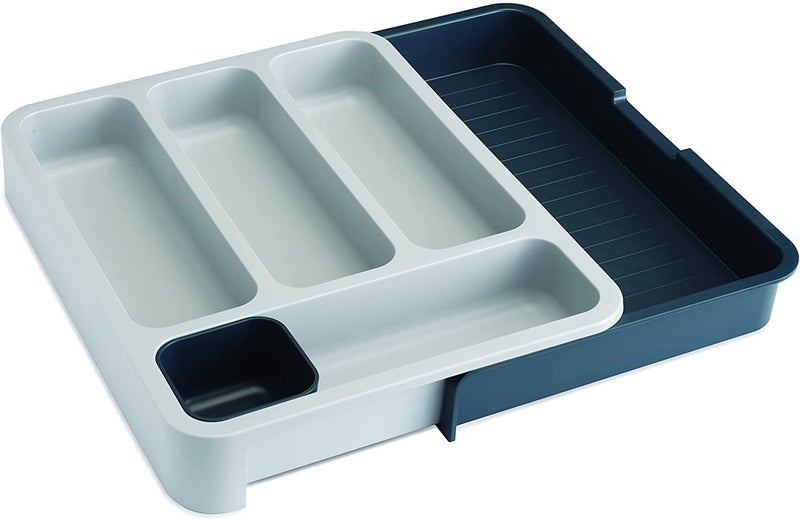VOXMIX Expandable Cutlery Tray Foldable Drawer Holder to Store Organize Spoons Toiletries For Home Kitchen Grey White Plastic - Image 2