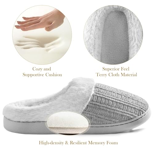 shoeslocker Womens Memory Foam Fuzzy Slippers Knitted House Slippers for Women Comfy Slip-On Warm House Shoes, grey size 9 - Image 4