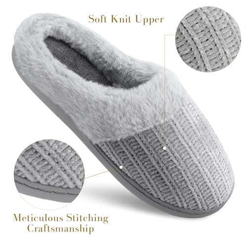 shoeslocker Womens Memory Foam Fuzzy Slippers Knitted House Slippers for Women Comfy Slip-On Warm House Shoes, grey size 9 - Image 3