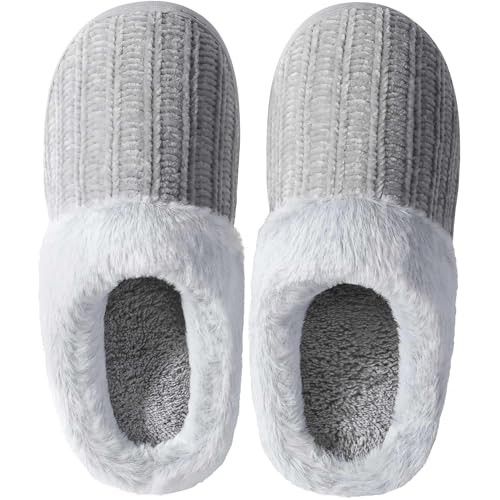 shoeslocker Womens Memory Foam Fuzzy Slippers Knitted House Slippers for Women Comfy Slip-On Warm House Shoes, grey size 9 - Image 1