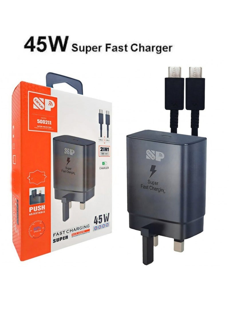 أس بي شاحن قوة 45W متوافق مع اجهزة الاندرويد وسامسونج مع كابل USB-C إلى USB-C - Image 2