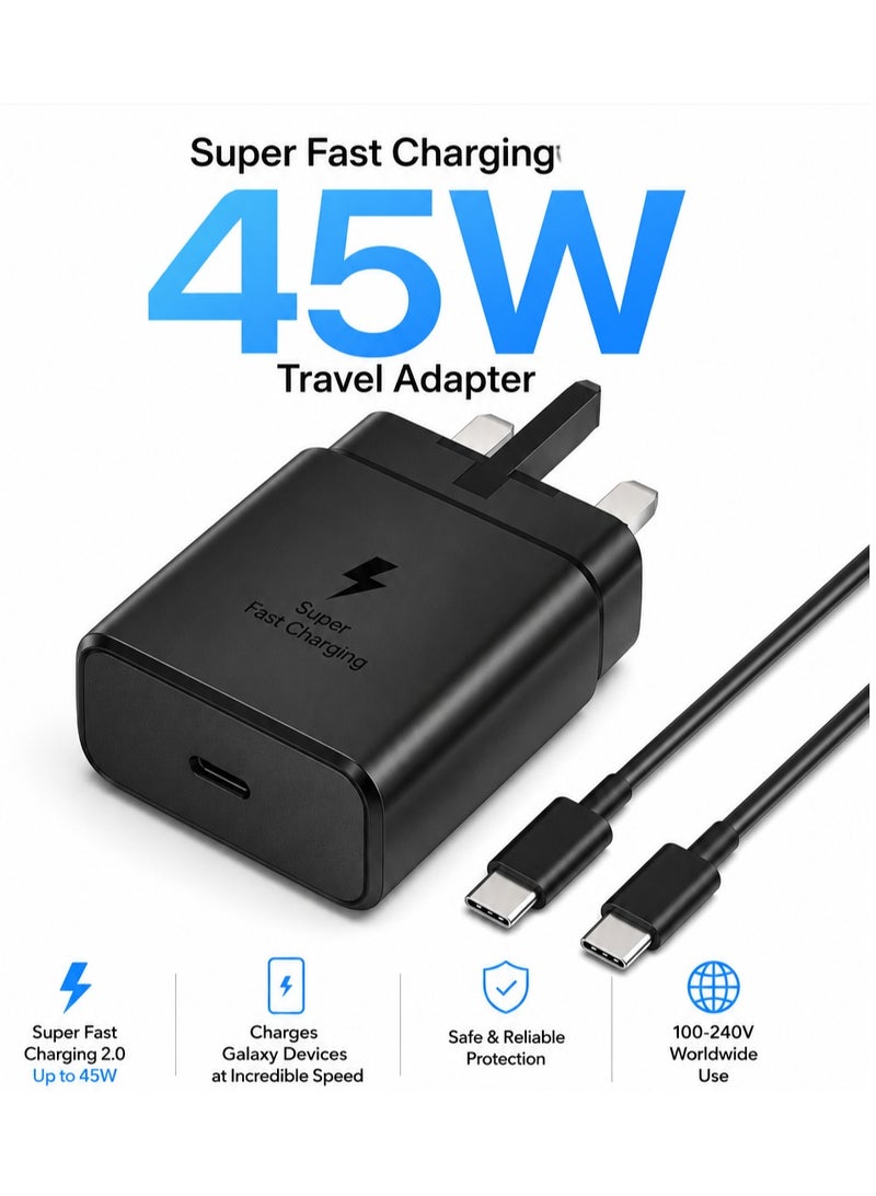 45W PD Super Fast Charge Travel Adapter with USB-C to USB-C Cable Compatible with Android and Samsung - Image 1