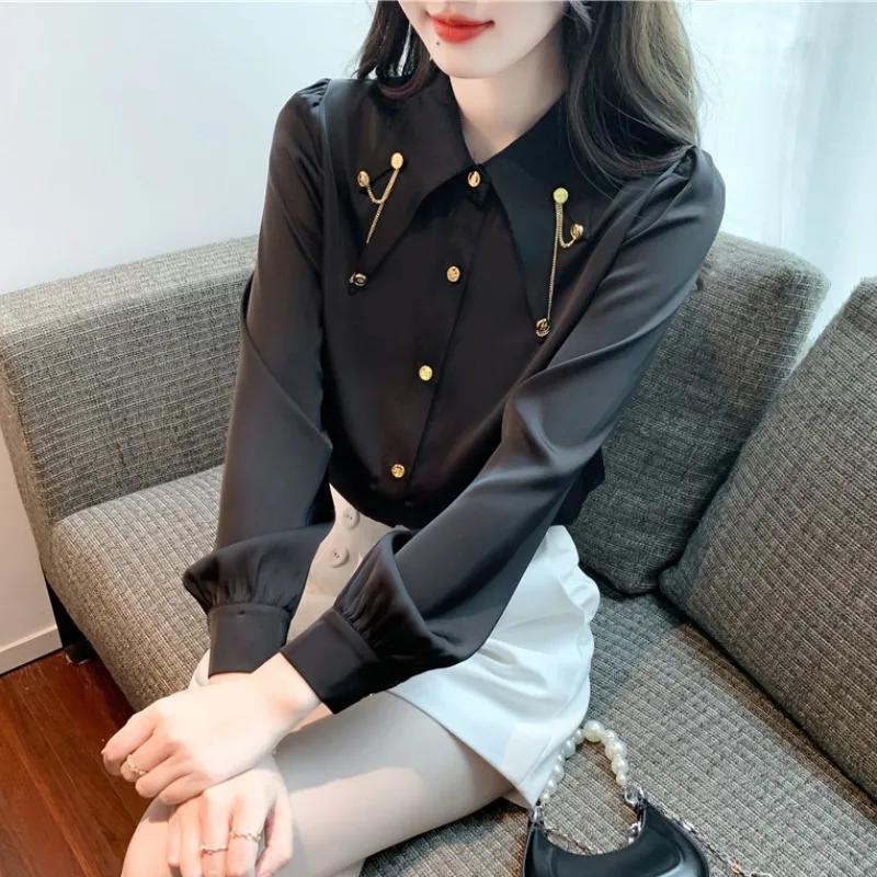 2024 New French Style Elegant Slim Look Solid Color Lar Chain Bead Long Sleeve Chiffon Shirt Womens Autumn Top Black - Image 1