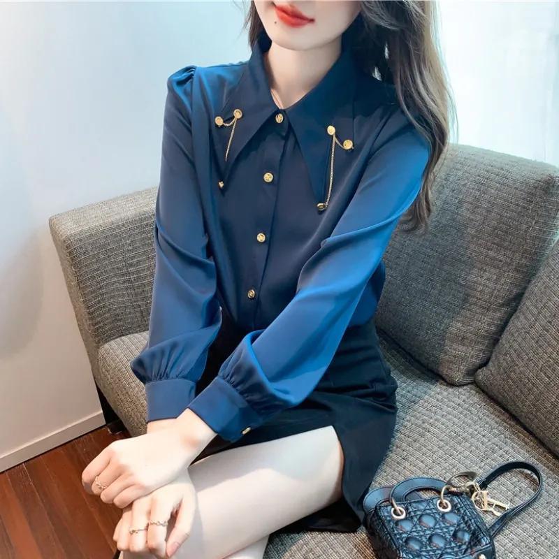 2024 New French Style Elegant Slim Look Solid Color Lar Chain Bead Long Sleeve Chiffon Shirt Womens Autumn Top Black - Image 2