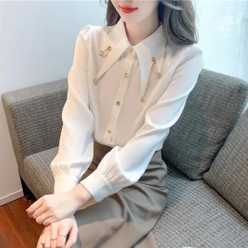 2024 New French Style Elegant Slim Look Solid Color Lar Chain Bead Long Sleeve Chiffon Shirt Womens Autumn Top Black - Image 3