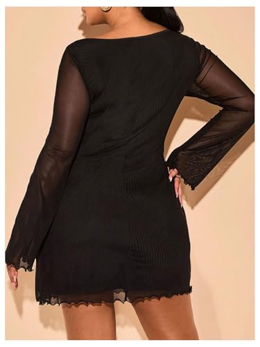BEAUDRM Women's Plus Size Sheer Mesh Mini Dresses Long Bell Sleeve Wedding Guest Dresses Lettuce Trim Going Out Dresses Black XX-Large Plus - Image 2