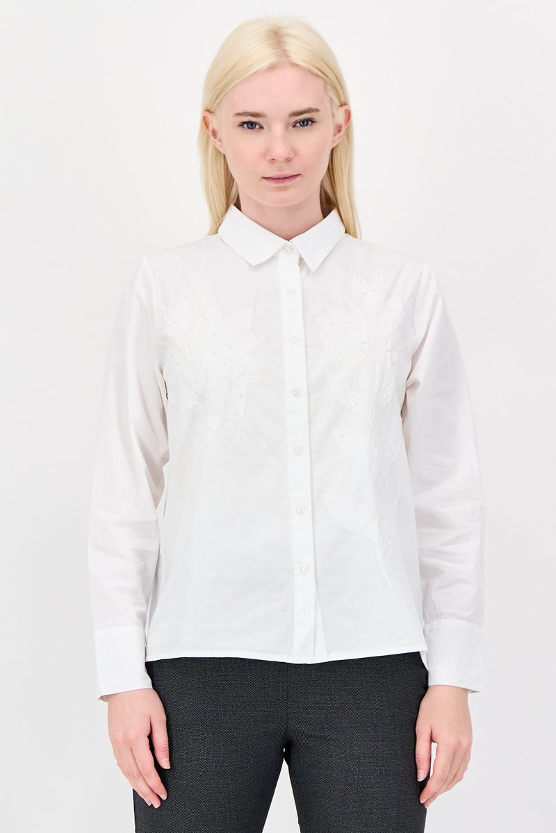 bebe Women Spread Collar Embellished Long Sleeve Shirt, White - Image 1