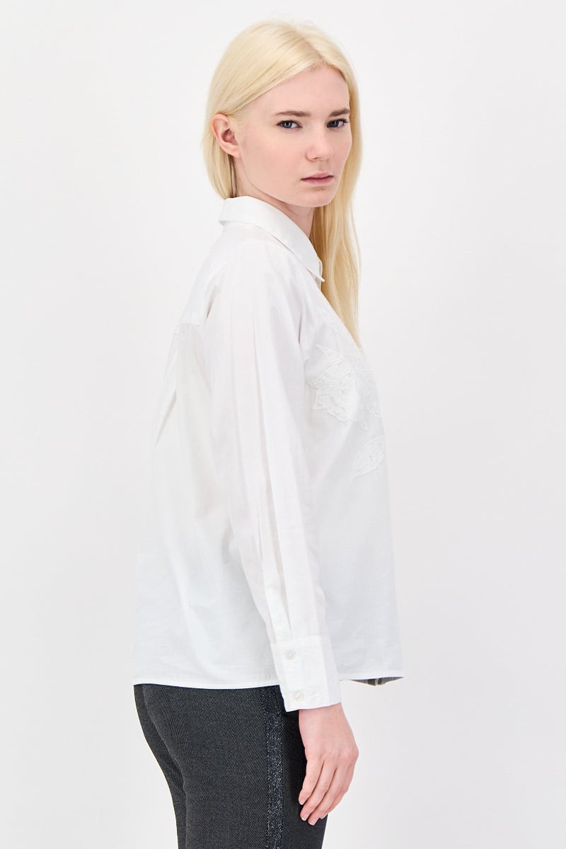 bebe Women Spread Collar Embellished Long Sleeve Shirt, White - Image 2