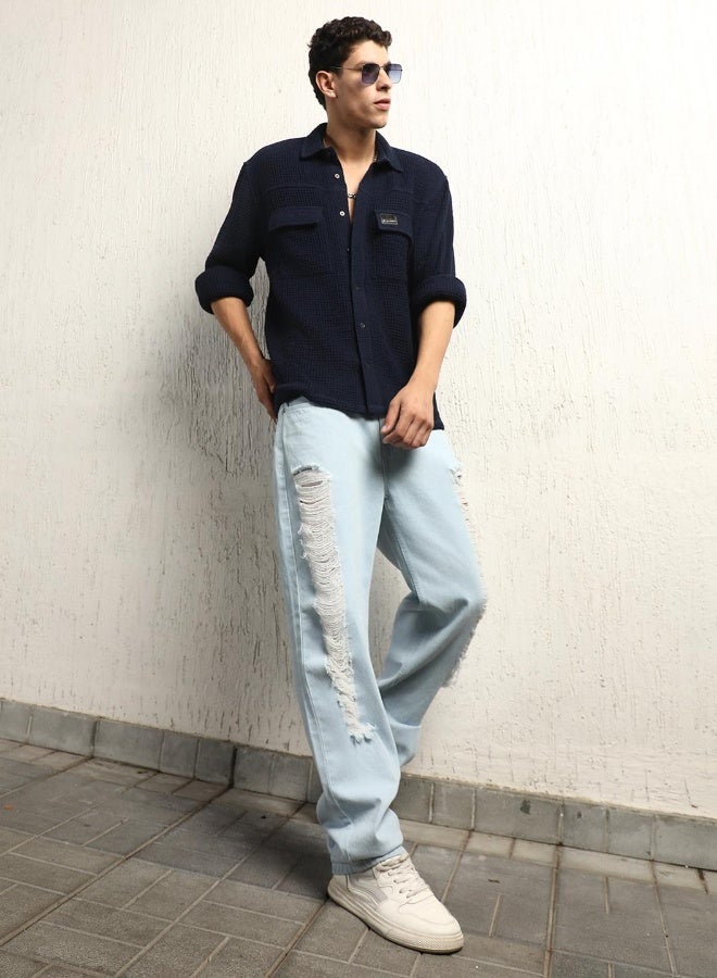 Hubberholme Men's Navy Cotton Blend Solid Pattern Button Down Oversized Shirt - Image 2