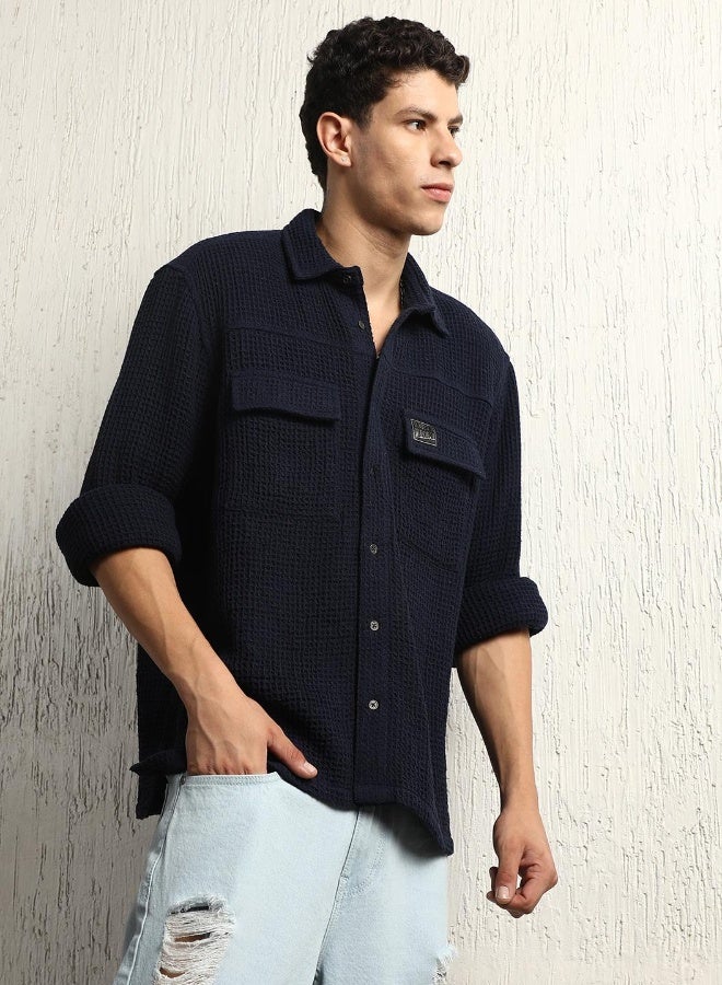 Hubberholme Men's Navy Cotton Blend Solid Pattern Button Down Oversized Shirt - Image 5