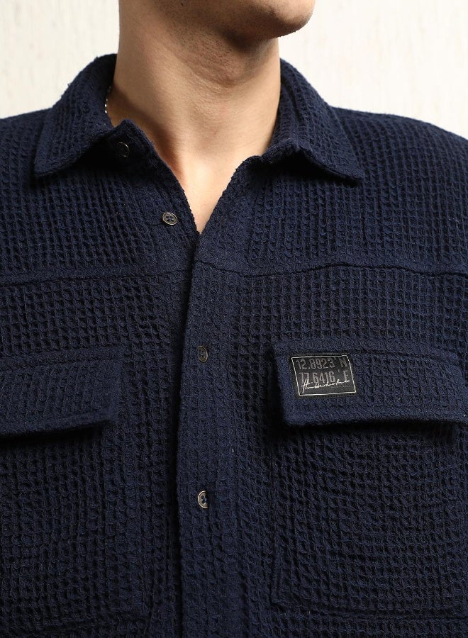 Hubberholme Men's Navy Cotton Blend Solid Pattern Button Down Oversized Shirt - Image 1