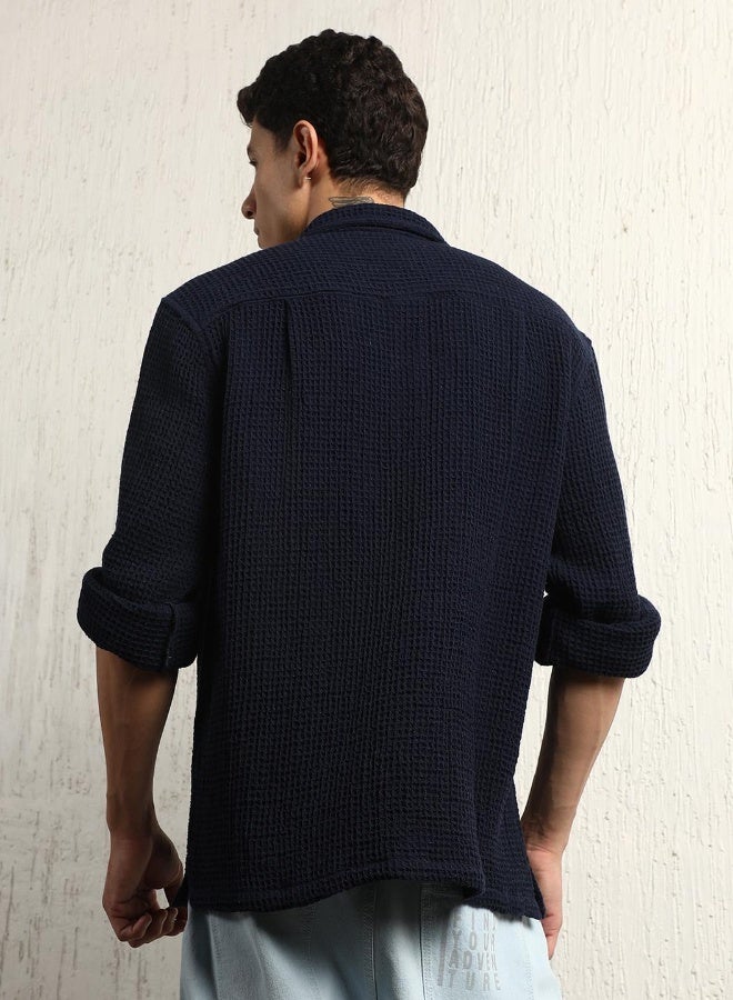 Hubberholme Men's Navy Cotton Blend Solid Pattern Button Down Oversized Shirt - Image 3
