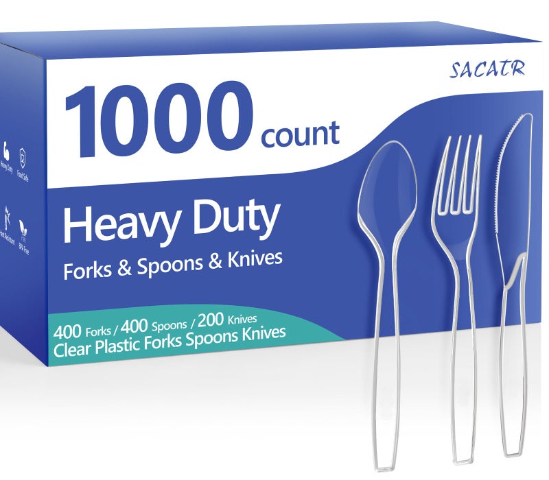 SACATR Heavy Duty 1000 Count Silverware - 400 Forks  400 Spoons  200 Disposable Knives  BPA-Free Plastic Cutlery for Parties & Everyday Use - Image 1