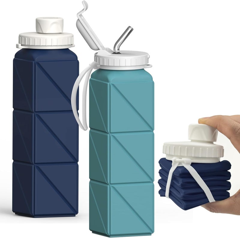 BEAUTAIL Collapsible Water Bottles 20.6oz 2 Pack, Silicone Foldable Portable Water Bottle, BPA-Free, Leakproof Reusable for Travel Camping Hiking Cycling Yoga Sports Outdoor (Blue+DarkBlue) - Image 1
