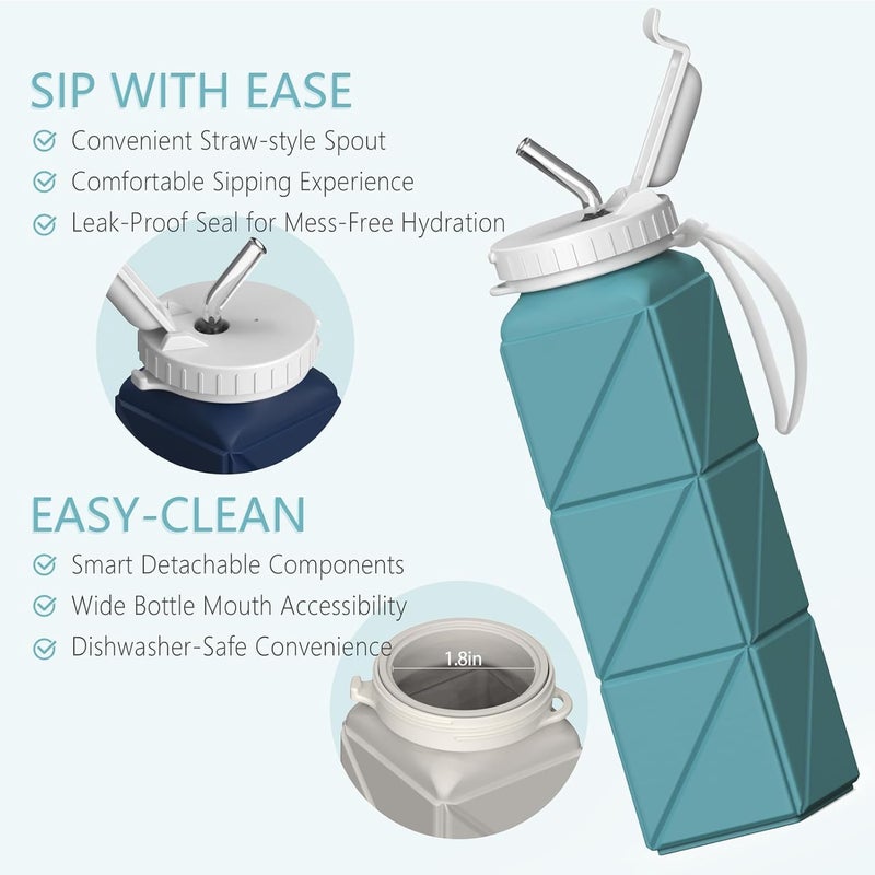 BEAUTAIL Collapsible Water Bottles 20.6oz 2 Pack, Silicone Foldable Portable Water Bottle, BPA-Free, Leakproof Reusable for Travel Camping Hiking Cycling Yoga Sports Outdoor (Blue+DarkBlue) - Image 5