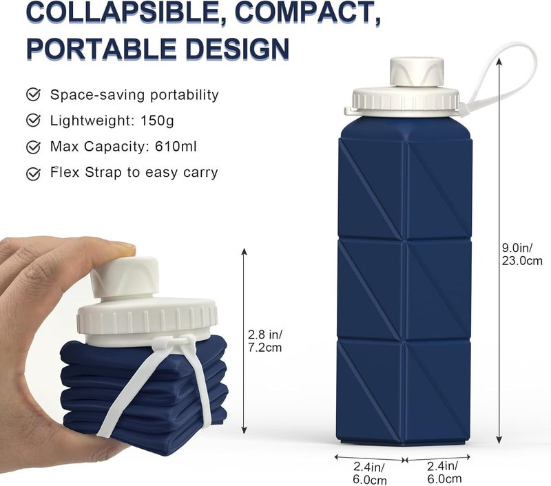 BEAUTAIL Collapsible Water Bottles 20.6oz 2 Pack, Silicone Foldable Portable Water Bottle, BPA-Free, Leakproof Reusable for Travel Camping Hiking Cycling Yoga Sports Outdoor (Blue+DarkBlue) - Image 3