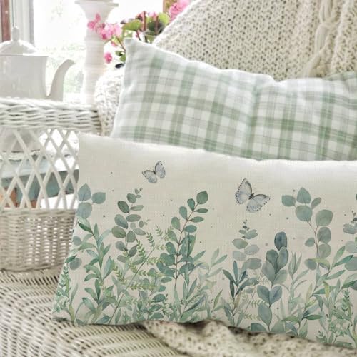 AACORS Spring Pillow Cover 12X20 Inch Eucalyptus Floral Butterfly Decoration Holiday Farmhouse Summer Pillow Case Decor for Home Sofa Couch - Image 3