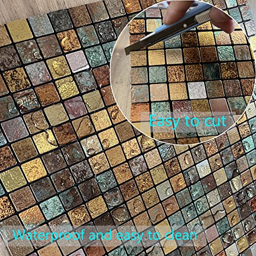 XUANINY Peel and Stick Backsplash Tiles for Kitchen,Bathroom,Fireplace,Self Adhesive Metal Aluminum Mosaic (12"x12") (10, Print Yellow and Green) - Image 3
