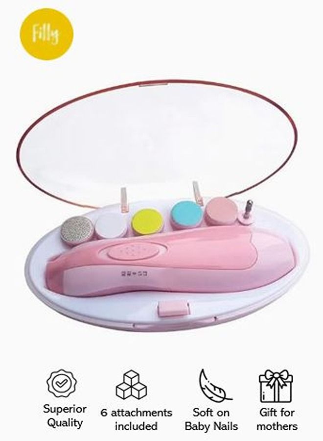 Filly Pink Electric Baby Nail Clipper and File with LED Light - Safety Trimmer for Babies, Drill Kit with Low Noise (6 Attachment Cushions and Nail Trimmer) - Image 1