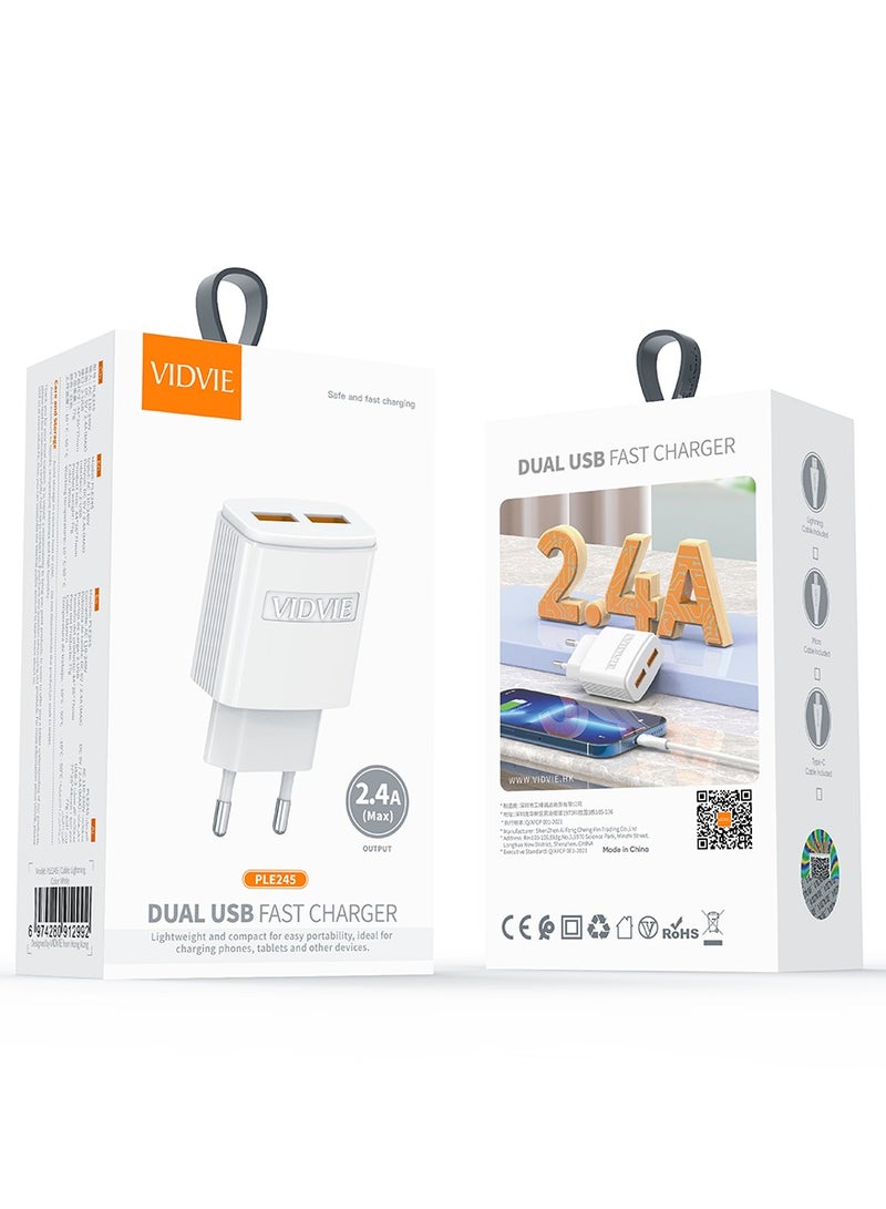 VIDVIE  Charger  PLE245  Dual USB Charger + CABLE TYPE-C - Image 1