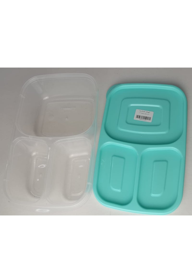 Generic - Deep plastic lunch box, 3 compartments, rectangular shape, capacity (2.2 liters), for trips, schools and clubs. Safe for use in the microwave and deep freezer, turquoise color. - Image 1