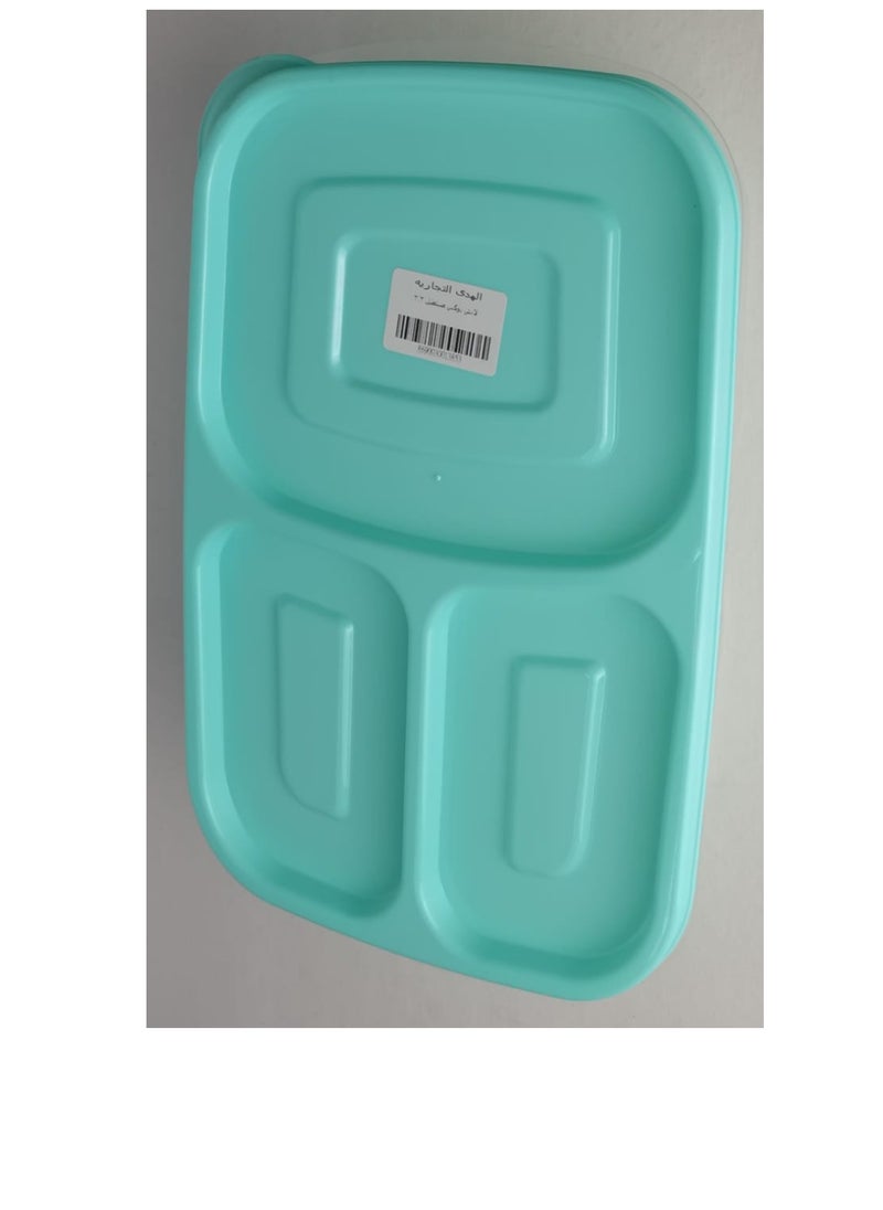 Generic - Deep plastic lunch box, 3 compartments, rectangular shape, capacity (2.2 liters), for trips, schools and clubs. Safe for use in the microwave and deep freezer, turquoise color. - Image 1