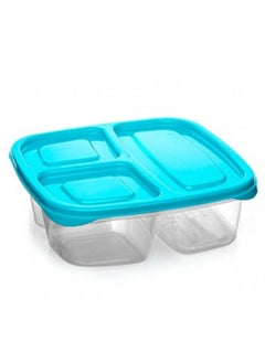 Deep plastic lunch box, 3 compartments, rectangular shape, capacity (2.2 liters), for trips, schools and clubs. Safe for use in the microwave and deep freezer, turquoise color.