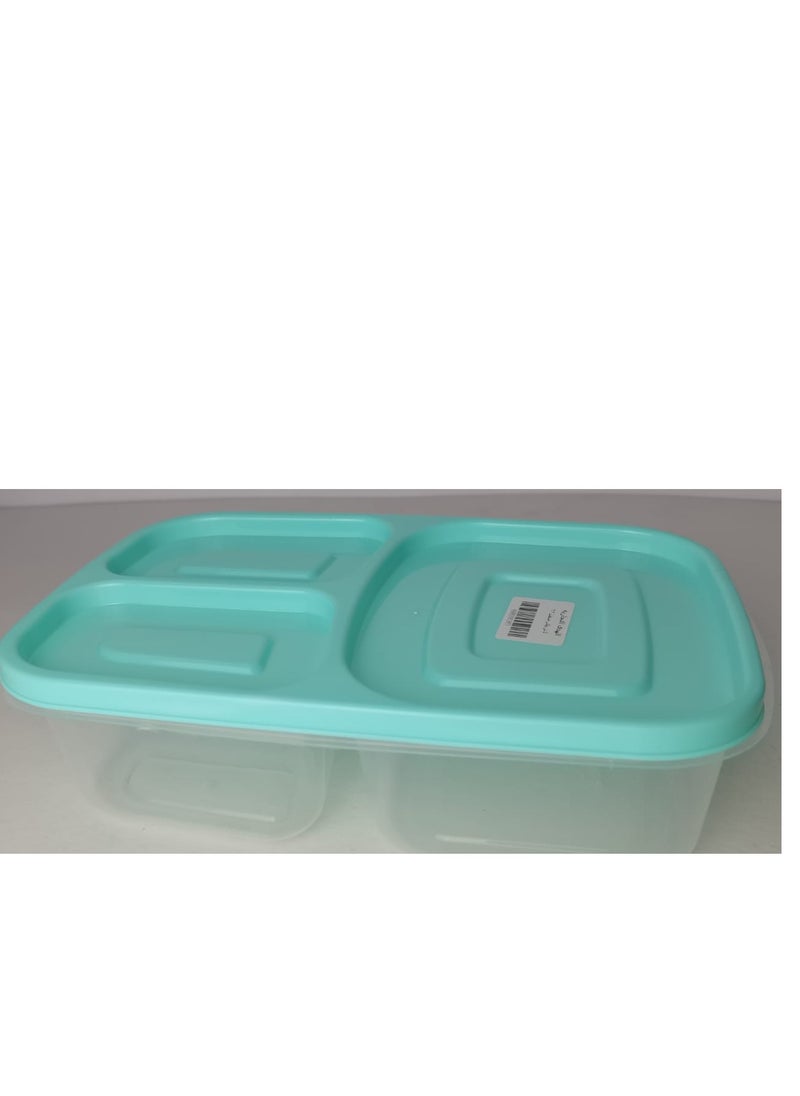 Generic - Deep plastic lunch box, 3 compartments, rectangular shape, capacity (2.2 liters), for trips, schools and clubs. Safe for use in the microwave and deep freezer, turquoise color. - Image 1