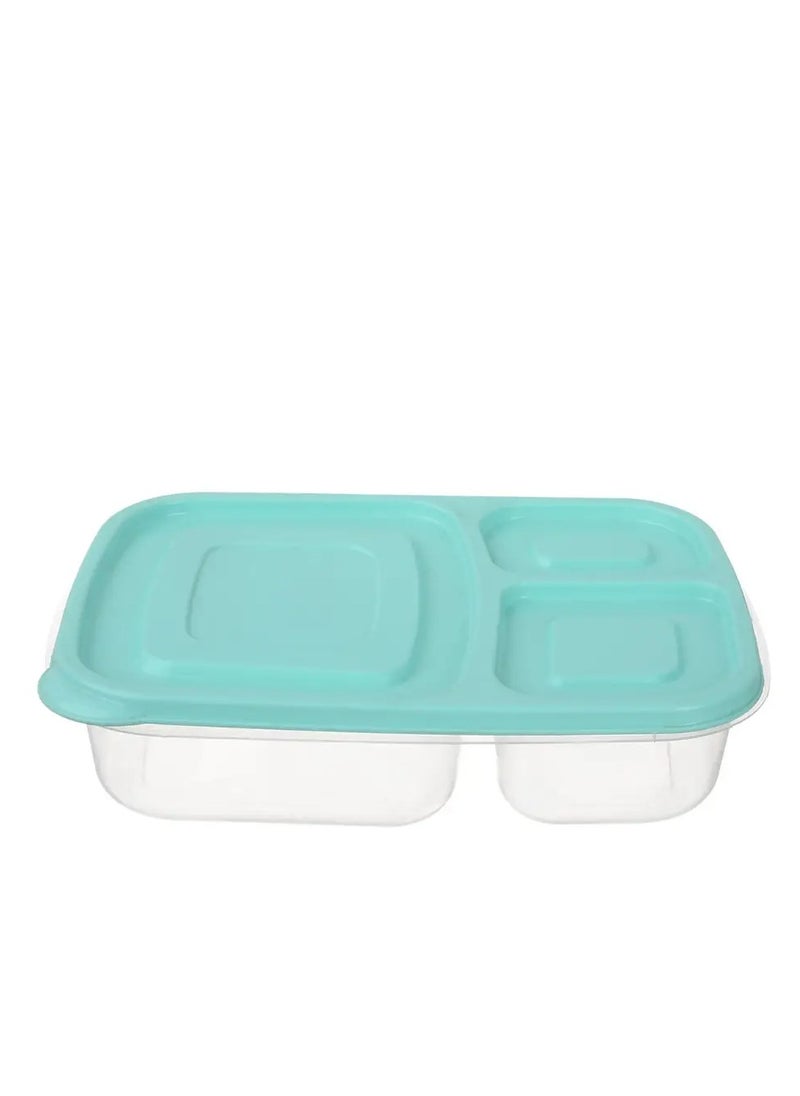 Generic - Deep plastic lunch box, 3 compartments, rectangular shape, capacity (2.2 liters), for trips, schools and clubs. Safe for use in the microwave and deep freezer, turquoise color. - Image 1