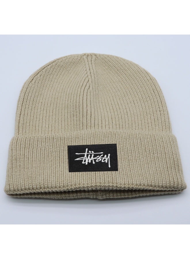 Stüssy Script Logo Rib Knit Beanie - Sand Beige Streetwear Cuffed Beanie for Men & Women