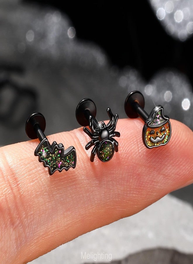 Melighting MeIighting 3PCS 16G Black Helix Earrings, 8 mm Internally Threaded Bat Cartilage Piercing Stainless Steel 316L, Halloween Pumpkin Spider Tragus Flat Back Lobe Stud For Women - Image 2