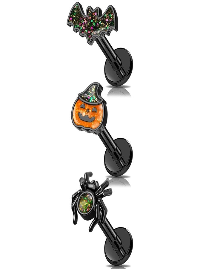 Melighting MeIighting 3PCS 16G Black Helix Earrings, 8 mm Internally Threaded Bat Cartilage Piercing Stainless Steel 316L, Halloween Pumpkin Spider Tragus Flat Back Lobe Stud For Women - Image 1